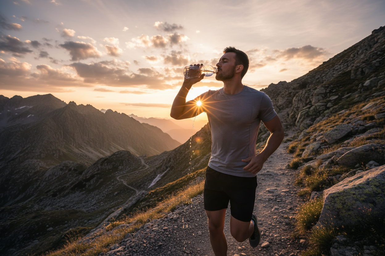 Ultra-realistic photo of a fit man jogging on a mountain trail during sunset. He is lifting a clear water bottle and taking a refreshing sip while running. Warm golden sunlight flares behind him, casting dramatic shadows on the rugged landscape. The sky is glowing orange and pink with soft clouds. His athletic clothing is slightly wind-swept, and you can see sweat and motion for realism. Highly detailed skin texture, sharp focus, cinematic lighting, 8K, hyper-realistic, natural colors.